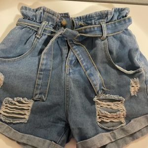 Jean Shorts with Rips and Removable Strap